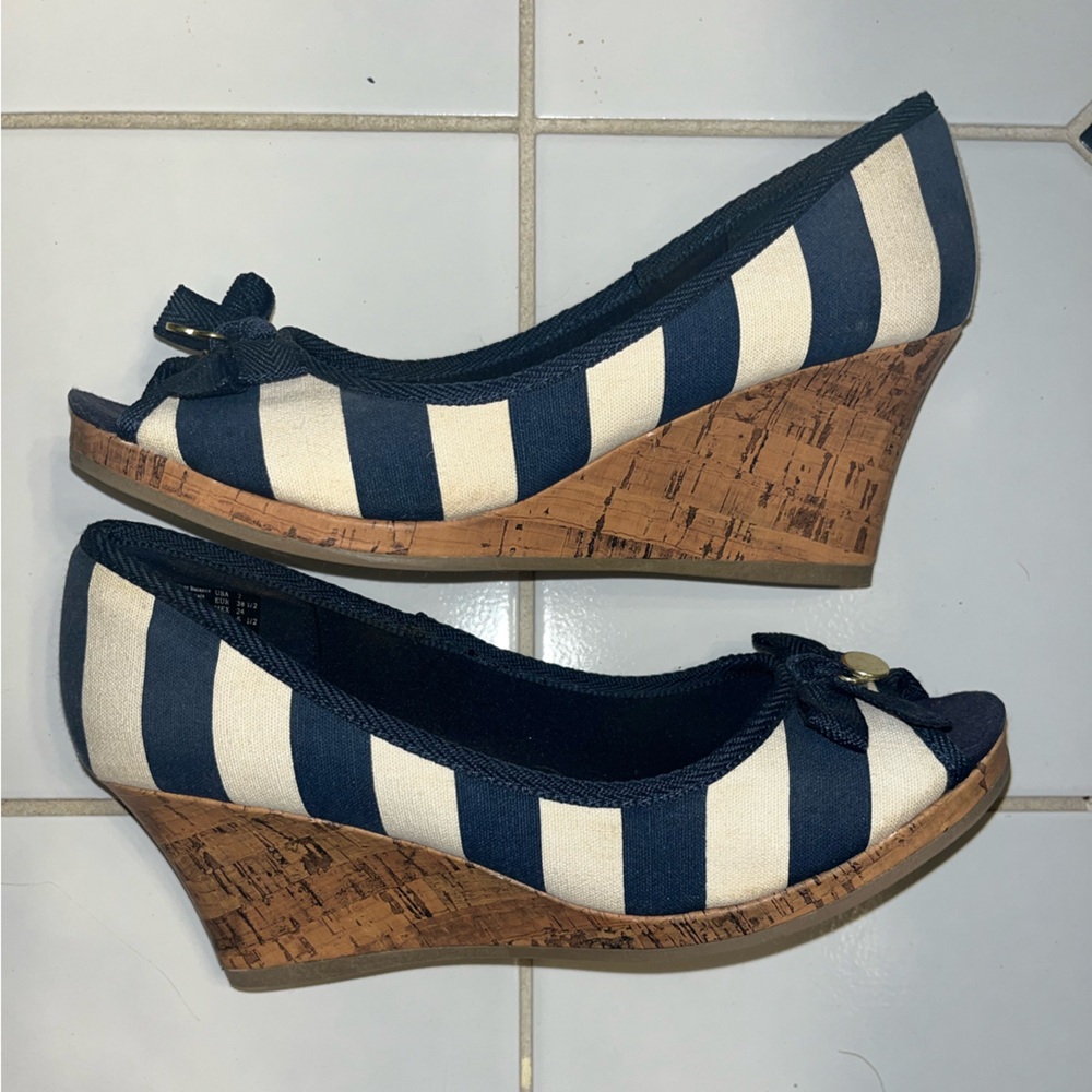 Navy blue and white striped canvas wedge heals (size 7)